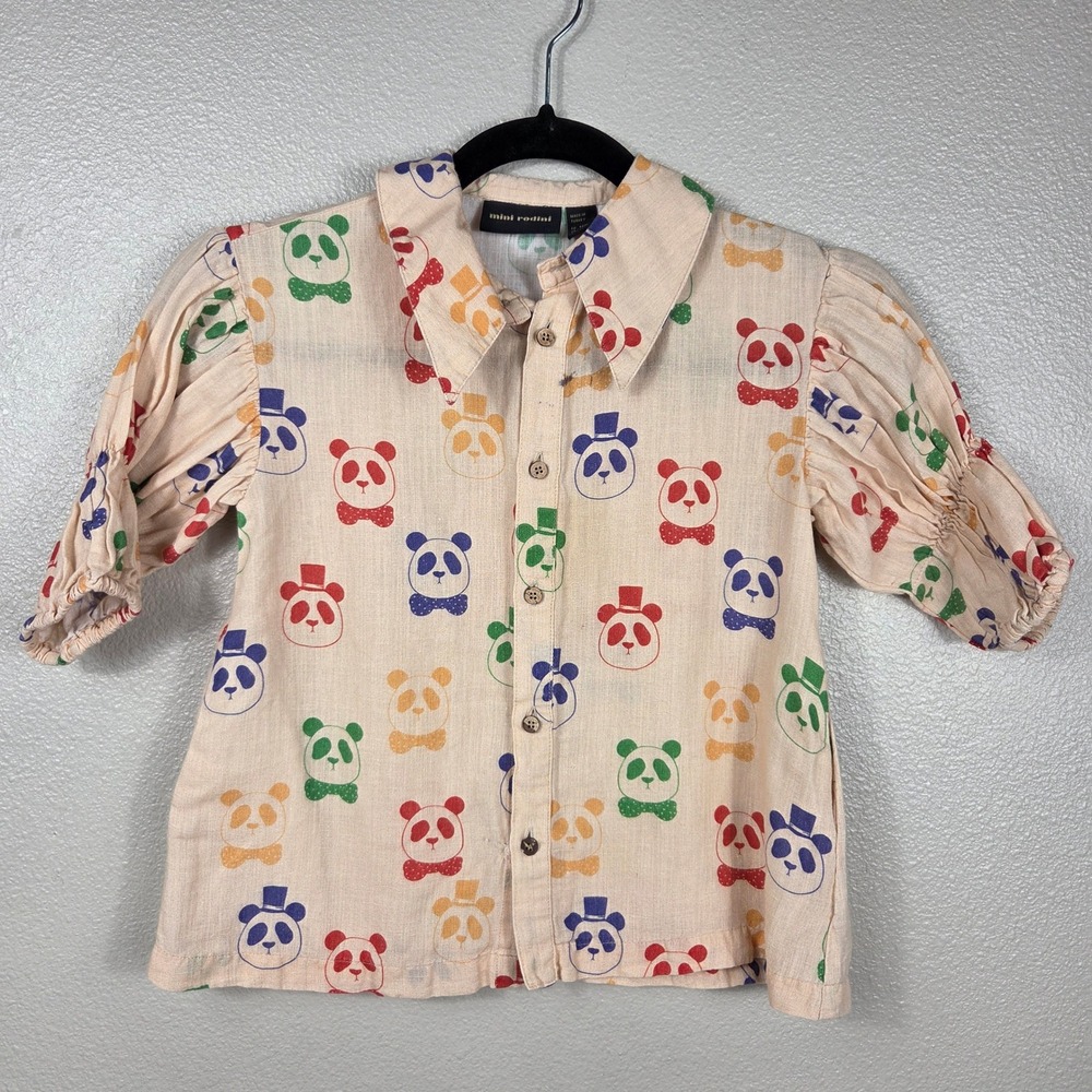Mini Rodini Panda Print Linen Cotton Shirt Kids 1.5-3Y Puff Sleeve